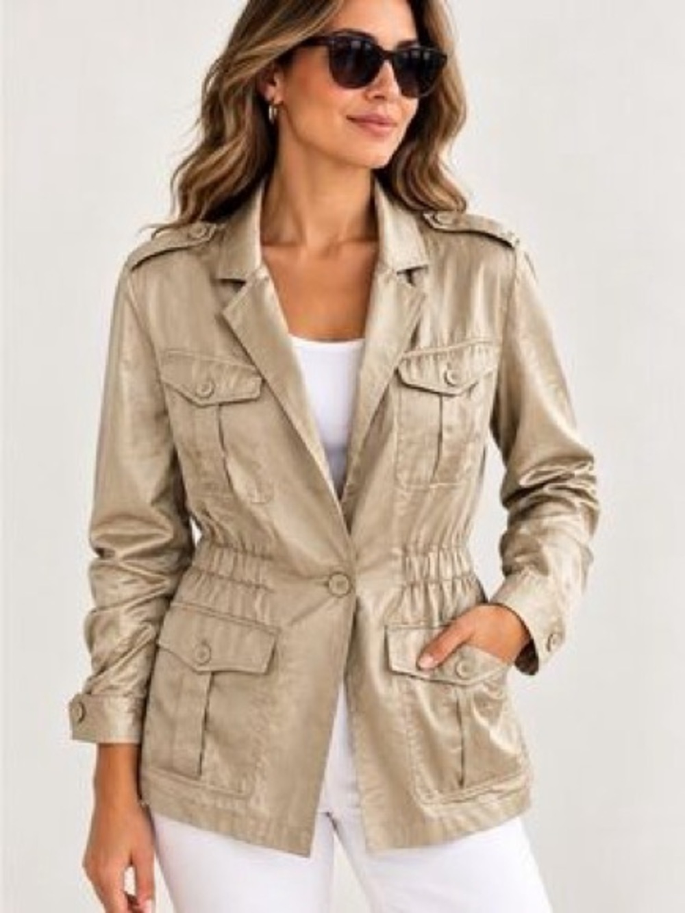 Dkny Y2K Sandstone Satin Utility Jacket with Cinch Waist